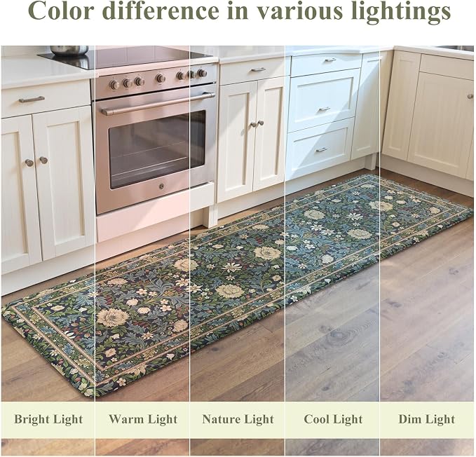 KIMODE Kitchen Mats Anti Fatigue,Cushioned Kitchen Rugs Runner | Navy Blue Green,Boho Floral Bird Kitchen Rugs Non Slip ,Wide Long Memory Foam Kitchen Floor Mat for Laundry Sink Office Home