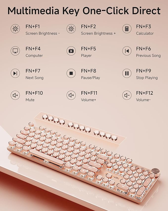 EWEADN Typewriter Style Mechanical Keyboard, Wired Typewriter Keyboard,104 Keys Retro Typewriter Keyboards, Media Control Knob, Wired Computer Keyboard Pink Switch for Windows/Mac/PC-Pink