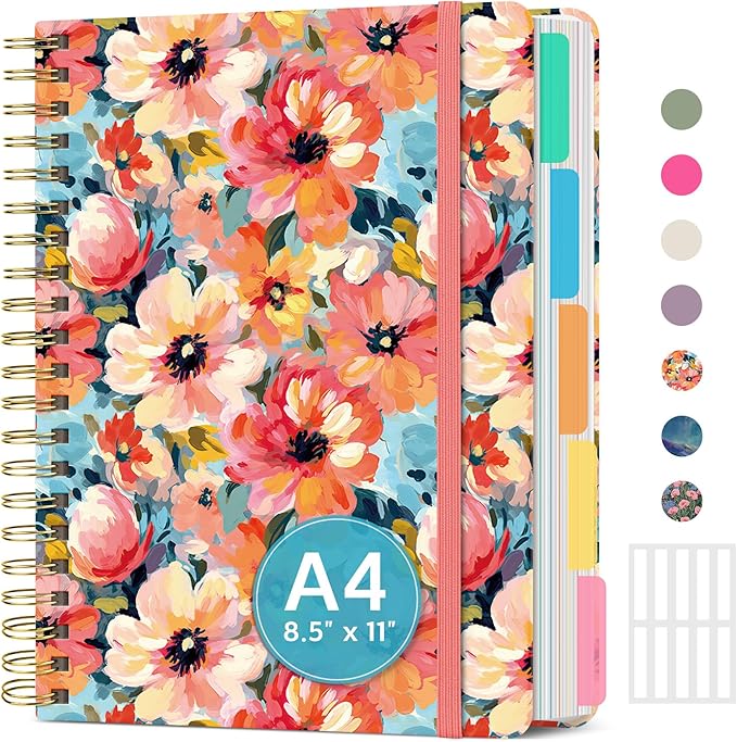 Large Lined Spiral Journal for Women Cute Hardcover 5 Subject Notebook for Work 8.5" x 11" with Removable Dividers & Tabs, College Ruled, 280 Pages Aesthetic Journal for Work, School & Note Taking, Pastel Garden