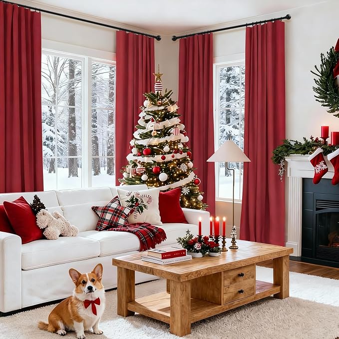 INOVADAY 100% Blackout Curtains for Bedroom, Black Out Curtains 84 Inch Long, Clip Rings Linen Blackout Drapes, Thermal Insulated Room Darkening for Living Room, 2 Panels - Ruby Red,W50xL84