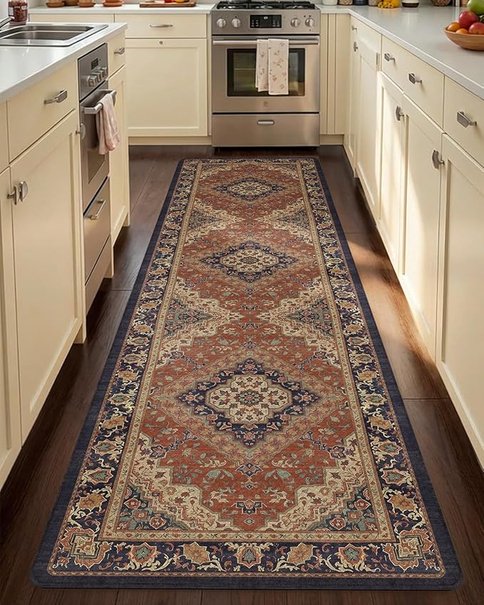 Color&Geometry Kitchen Floor Mat 24x87 Vintage Anti Fatigue, Warm Coral | 0.4in Cushion Standing Mat For Cooking/Working/Laundry, Boho Decor, Non Slip PVC Kitchen Rug, Oil/Water Proof, Anti Slip