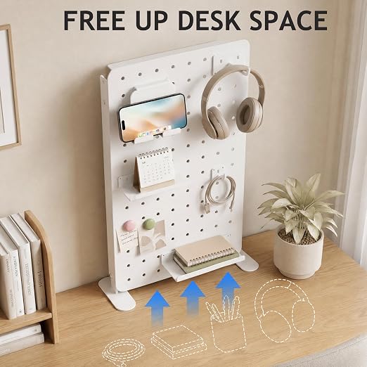 White Metal Desk Pegboard, 1 Pack Standing Organizer with Hooks | Freestanding 8.67 x 14.17 in panel with stands, hooks, shelves, phone holder and magnetic patches for desk storage