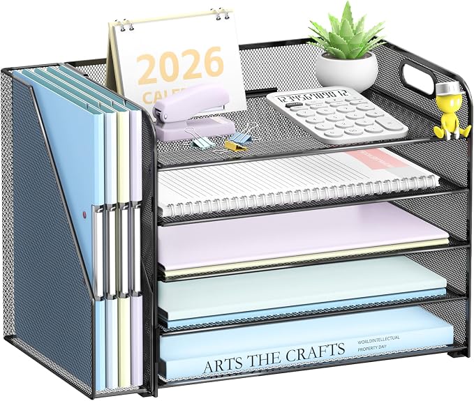 5-Tier Desk Organizer with File Holder, Paper Organizer for Desk, Black | 5 Letter Trays and Vertical File Holder with Metal Mesh Frame for Papers Folders Books and Mail in Office Home or School
