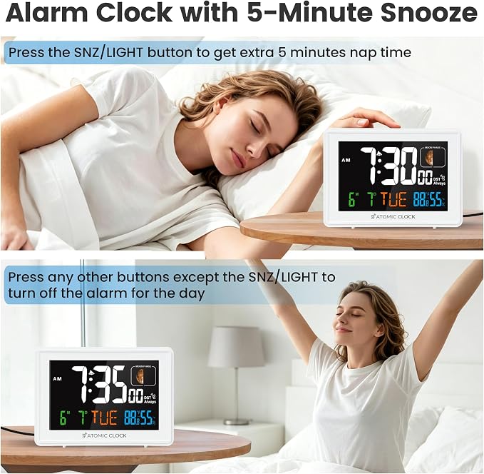Digital Atomic Alarm Clocks for Bedrooms Battery Backup | Color Display, Self-Setting Clock, Auto DST, Indoor Temperature Humidity, Moon Phase, Calendar, Time, Day of Week, White
