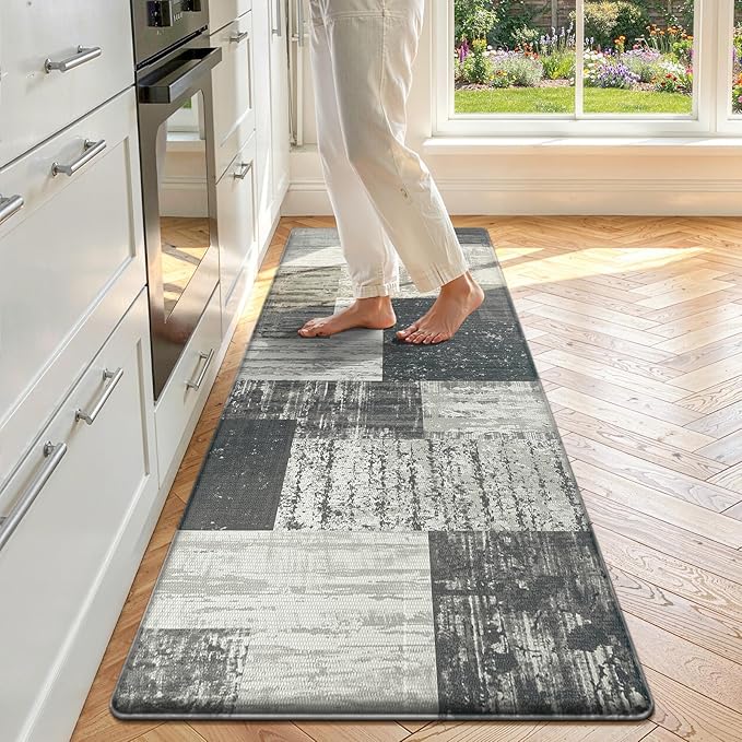 LOKHOM Anti Fatigue Kitchen Mats for Floor, 24x59 Non Slip Modern Cushioned Standing Comfort Kitchen Runner Rug, Waterproof Geometric Patchwork Memory Foam Padded for Sink Laundry Office, Grey