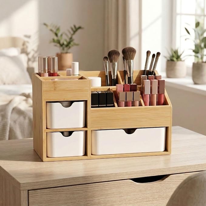 Bamboo Makeup Organizer with 3 Drawers & Adjustable Dividers, Desk Cosmetic Storage Box, Vanity Countertop Organizer for Bathroom, Office, Bedroom, Natural Bamboo Color (11.5x5.4in)