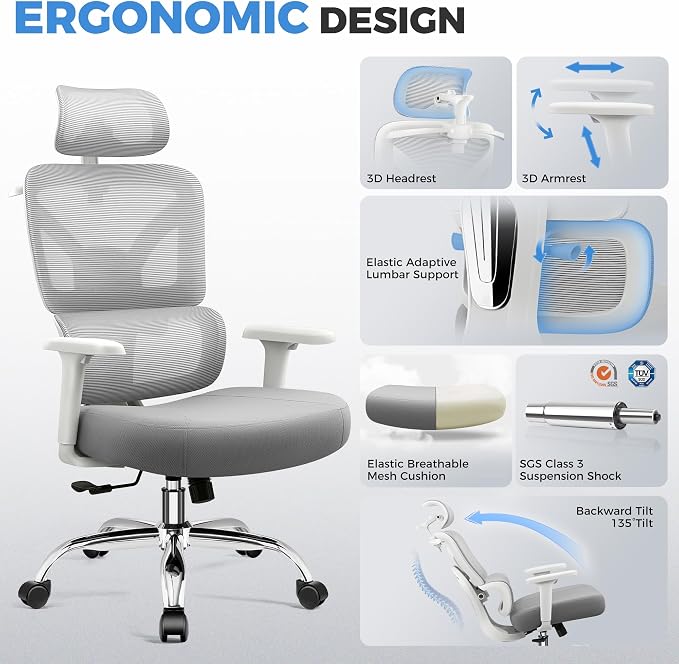 Office Desk Chair, Ergonomic Chairs Comfy with Adjustable Lumbar Support | Zoned Spine Support, Pressure Relief Back Support, Breathable Mesh Computer Chair for Long Workdays, Home Office, Gray