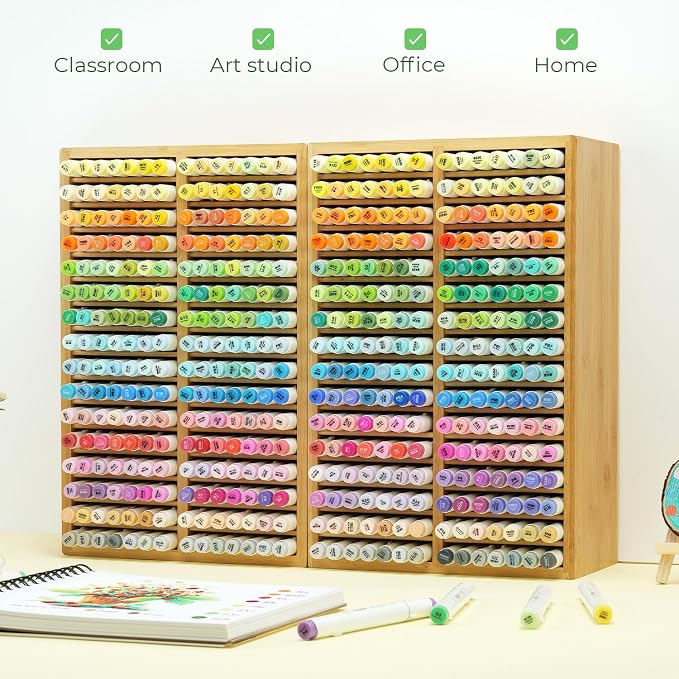 Ohuhu Bamboo Marker Organizer, Desktop Storage Hold 224 Markers for Honolulu Oahu Series of Ohuhu Markers, Pens Pencils Stationary Organizer Holder with 32 Compartments for Classroom Office Decor