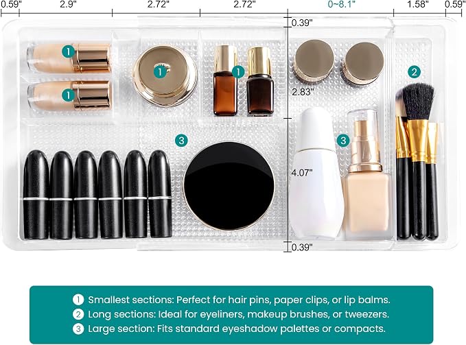 Oubonun Expandable Drawer Organizer 11.1” to 19.2” Width, Shallow Cosmetic Organizer 1.3” Height, 2 Packs, Clear Plastic Storage Trays for Dressing Table,Bathroom