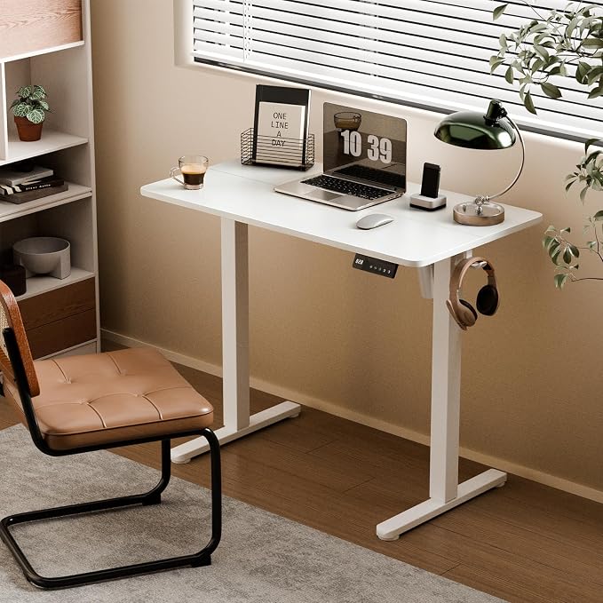 35" Electric Standing Desk, Small Sit Stand up Desk, White | Height Adjustable Computer Desk for Home Office, Compact Work & Gaming Desk with Cable Management and Stable Steel Frame