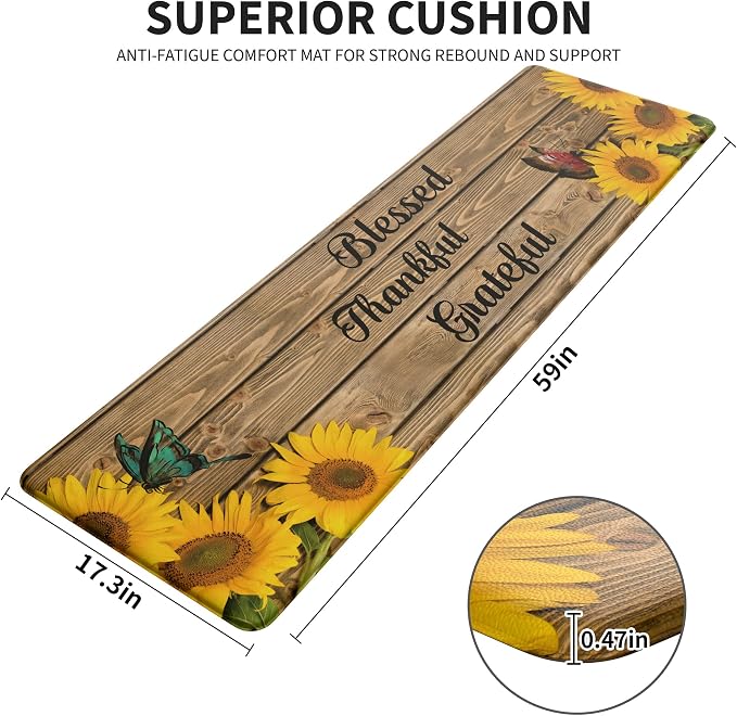 Farmhouse Sunflower Kitchen Decor Mat, Extra Long Anti Fatigue Mat | Extra Long Coverage,Farmhouse Kitchen Decor,Cushioned Comfort,Non-Slip Backing,Waterproof Surface,Easy Clean,Kitchen Island
