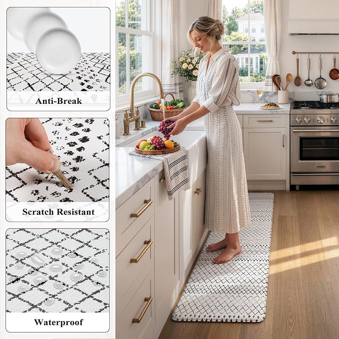KIMODE Kitchen Runner Rug,17.3" x 59" Anti Fatigue Kitchen Mats for Floor Cushioned,Non-Slip Waterproof Comfort Thick Kitchen Floor Standing Mat for Front Sink,Laundry Room,Black and White