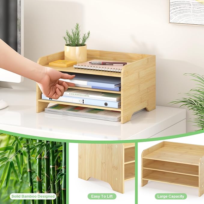 Bamboo File Organizer for Desk, Desktop Paper Tray and Mail Holder | Three open tiers keep A4/letter paper, folders, bills and mail sorted, visible and easy to reach while saving desk space