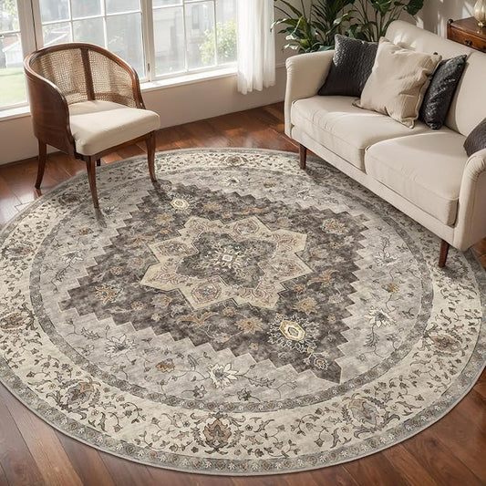 Tangsoo Vintage Round Rugs 8ft, Washable Circle Rug, Non Slip Boho Round Area Rug,Low Pile Circular Rugs,Large Round Rugs Carpet for Livingroom,Bedroom,Nursery,Dorm,Office,Brown/Grey