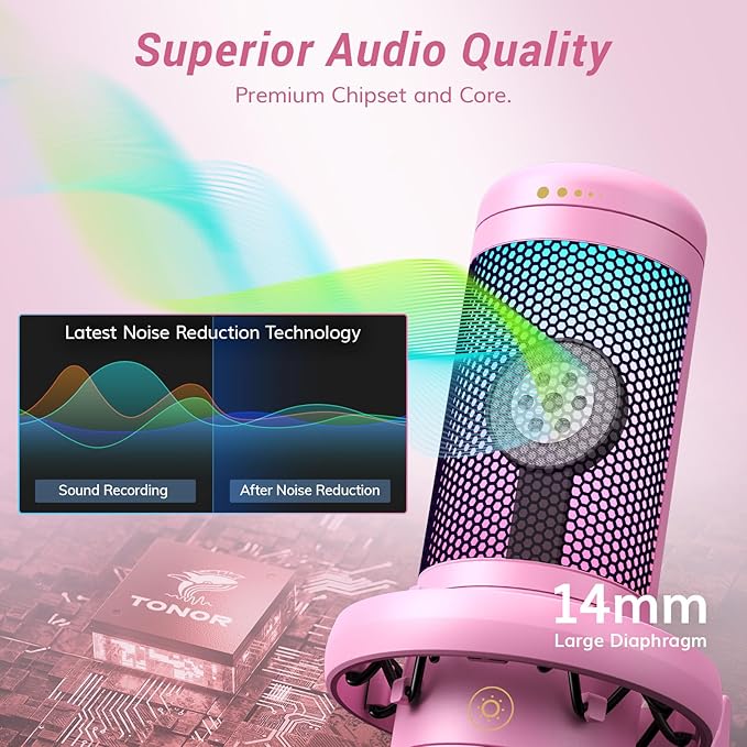 TONOR Gaming Microphone Arm Set, RGB Condenser Mic with Boom Arm, Quick Mute, Adjustable RGB Brightness, Pop Filter, Shock Mount, Gain Control for Streaming, Discord Twitch YouTube,TC310+ Pink