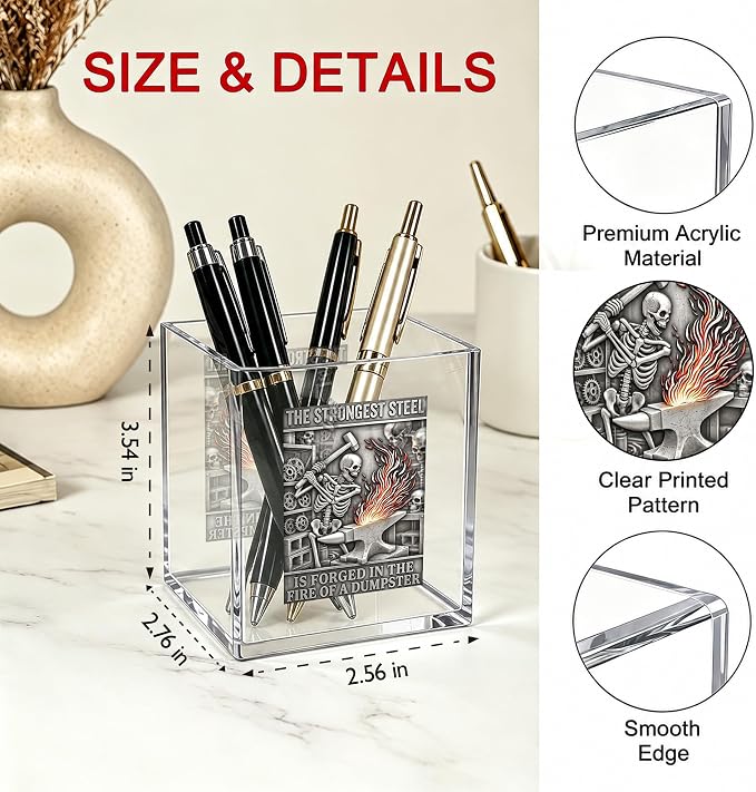 Funny Skull Dumpster Fire Office Acrylic Cosmetic Pen Pencil Holder Cup, The Strongest Steel Forged Dumpster Fire Pencil Organizer, Humor Desk Accessories, Inspirational Gifts for Coworker（A36）