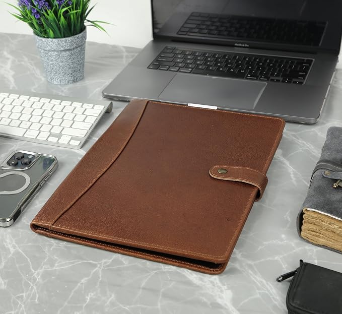 KomalC Leather Portfolio Folder with Button Closure | Business Padfolio for Professionals | Vintage Organizer with Legal Pad Holder, Card Slots & Document Pockets