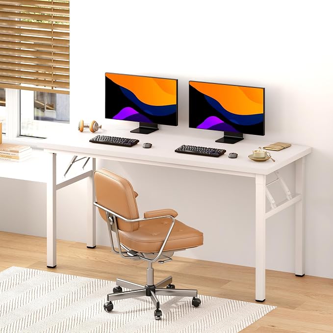 sogesfurniture Modern Foldable Computer Desk 54.3 inches, No Assembly Sturdy Large Laptop Workstation for Home Office, Portable Folding Study Table Writing Gaming Desk for Small Spaces, White