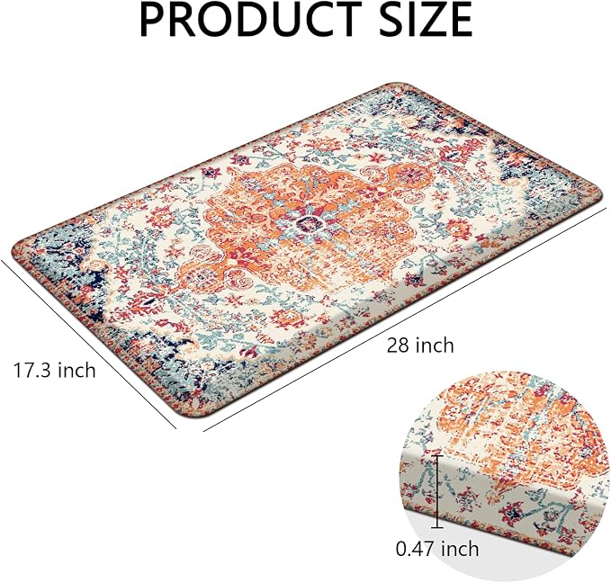 MAYHMYO Boho Kitchen Mat Anti Fatigue Ethnic Kitchen Cushioned Floor Mat Orange Blue Kitchen Rugs Non Slip Cool Rugs for Kitchen Floor Office