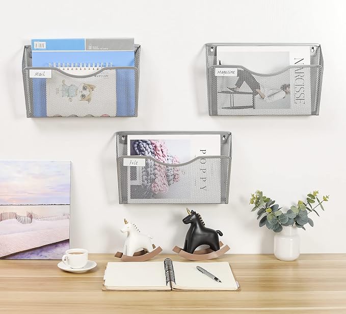 EasyPAG 6 Pack Wall File Organizer with Label Panel, Metal Mesh Hanging File Folder Holder for Letter/A4 Size Folders, Vertical Wall Mount Mail Sorter for Office Paperwork, Classroom, Silver