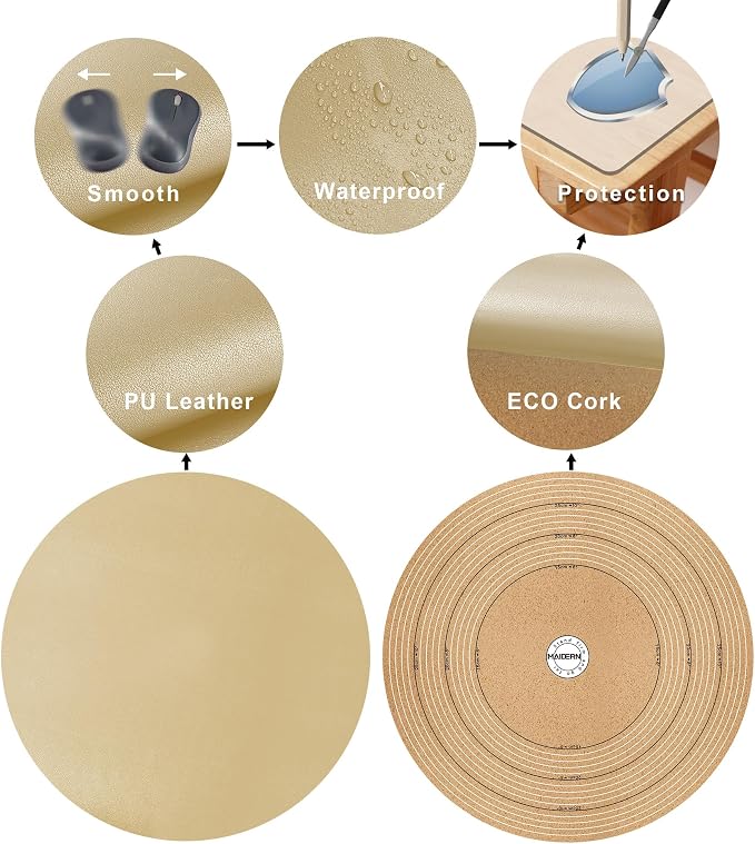 MAIDERN 12 Inch Round Cork & Leather Placemats, Cuttable Size (6-12 Inch), Trimmable Dining Table Mat, Heat Resistant/Non-Slip Table Cover for Kitchen, Office, or Restauran (Golden)