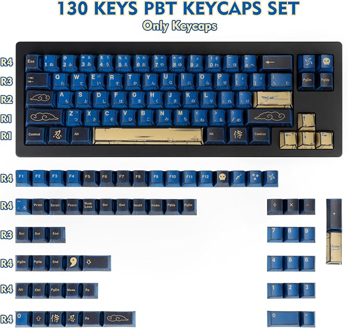 Blue Samurai Manga Japanese Themed Keycaps 130 Keys, Cherry Profile PBT Custom Key Caps Set, Dye Sublimation Keyboard Keycaps for Cherry Gateron MX Switches Mechanical Keyboard