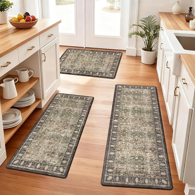 Pauwer Anti Fatigue Kitchen Floor Mats Set of 3, Cushioned Rug, Multi Brown | Non Slip Comfort Standing Mat, PVC Foam Padded Kitchen Rugs, Waterproof Sink Rug for Small Kitchen Area, Laundry Room