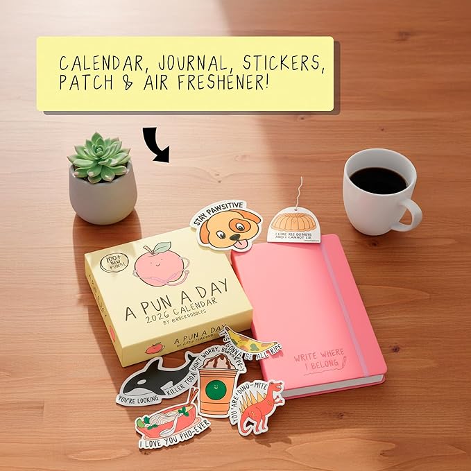 2026 Rockdoodles Punny Gift Set Bundle | Includes: (1) 2026 A Pun A Day Desk Calendar, (1) Limited Release Rockdoodles Journal, (5) All New Stickers, (1) Vanilla Bean Air Freshener, & (1) "Stay Pawsitive" Patch – Perfect Funny Gift for Friends, Family,...