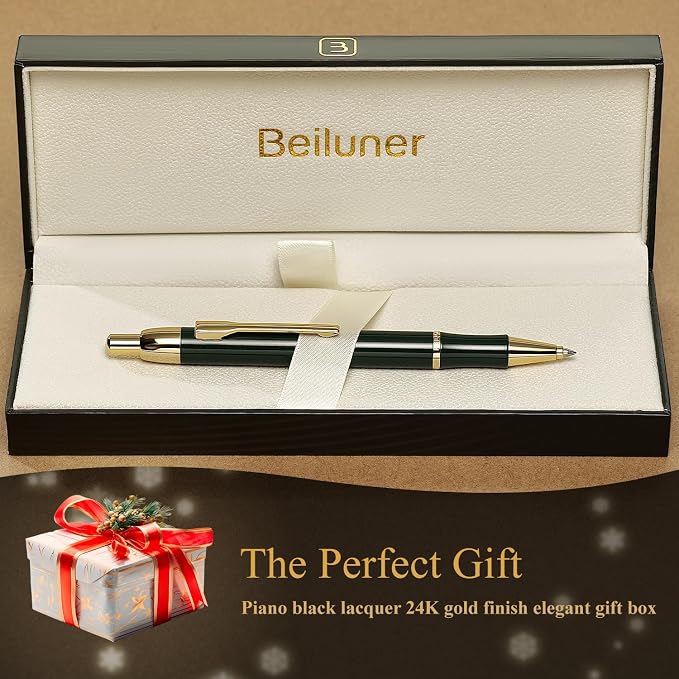 BEILUNER Luxury Gel Pen with 24K Gold Electroplating Finish, Green Piano Lacquer, Luxury Grade Craftsmanship, Best Gel Pen Gift Set for Men and Women