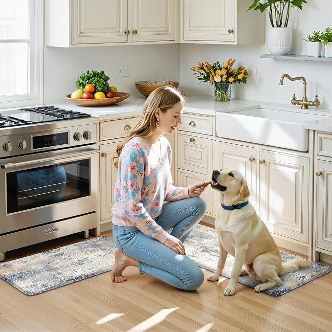 LEEVAN Anti Fatigue Kitchen Mats for Floor, Cushioned Kitchen Mat Set 2PCS | 17.3"x29"+17.3"x47", Modern Abstract Blue Kitchen Rugs Non-Slip, Waterproof Ergonomic Standing Mat for Laundry, Office, Sink