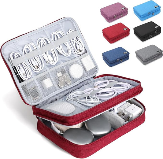 Large Electronic Organizer Travel Case, Double Layer Tech Accessories Bag with 3 DIY Adjustable Dividers, Waterproof Padded Cable Storage Pouch for Camera Gear, Power Bank, Hard Drive, Mouse