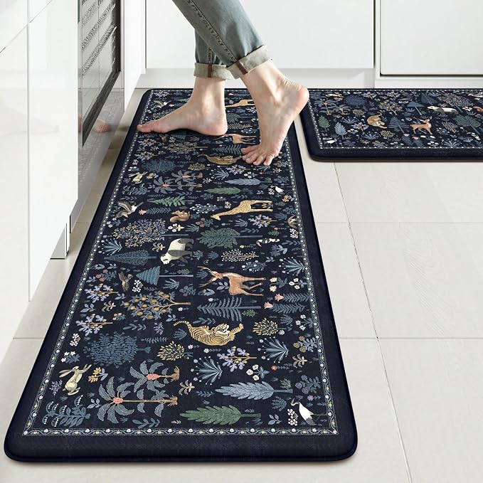 KIMODE Anti Fatigue Mats for Kitchen Floor,Cushioned Kitchen Rugs Sets of 2 | 17.3"x47"+ 17.3"x29",Dark Blue,Farmhouse Animal Forest Kitchen Rug Non Slip,Padded Kitchen Floor Mats for Laundry Sink Office
