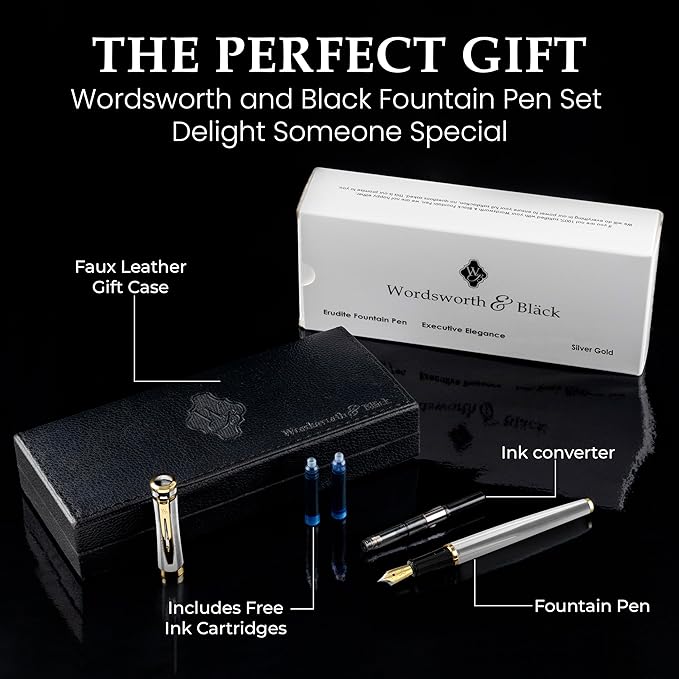 Wordsworth & Black Fountain Pen Set, 18K Gilded Extra Fine Nib, Includes 24 Pack Ink Cartridges, Ink Refill Converter & Gift Box, Gold Finish, Calligraphy, [Silver Gold], Perfect for Men & Women