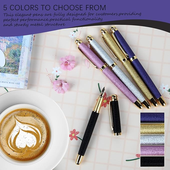 fountain pen-Multiple color styles with rhinestone,diamond inlay and frosted finish,Cute pens,Luxury pen,Office pens,Best pen set,Includes 10 Ink Cartridges and Ink Refill Converter(Purple)