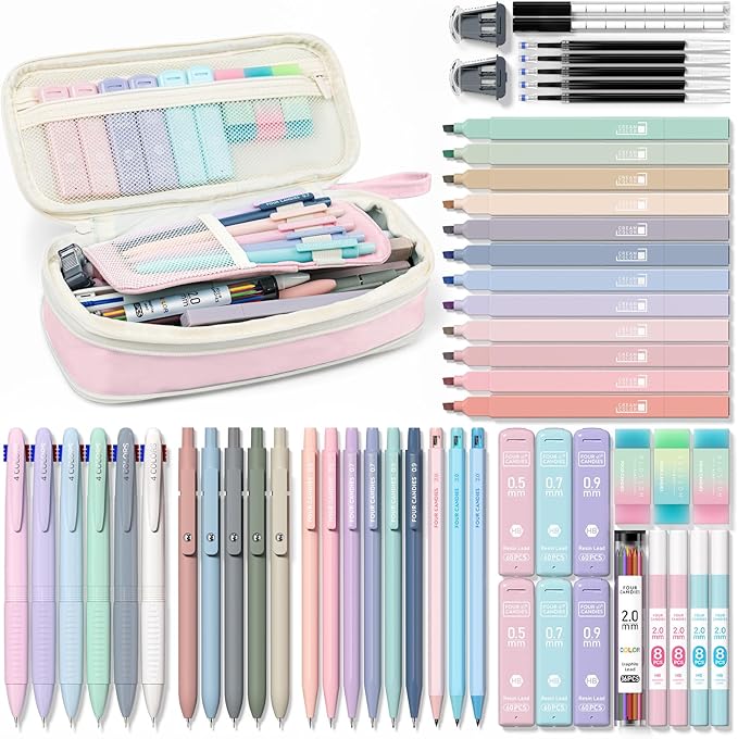 Four Candies 56 PCS Stationery Set, Cute Storage Case with Supplies, 6 Multicolor Pens, 12 Pastel Highlighters, 5 Gel Pens Black Ink, 9 Mechanical Pencils for College Essentials Stuff (Pink)