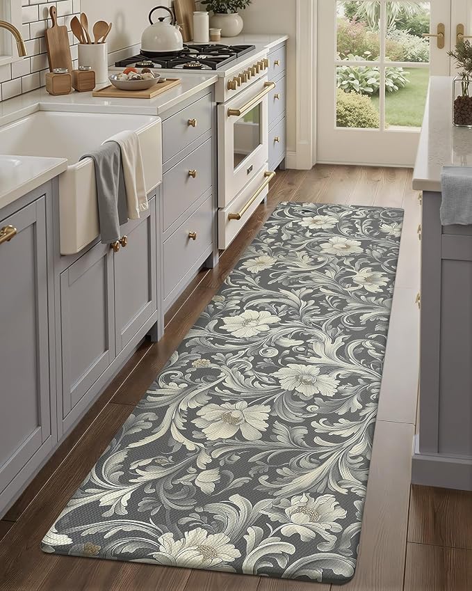 Color&Geometry Floral Kitchen Floor Mat 24x87 Anti Fatigue Easy Clean,Grey | 0.4in Thick Cushioned Standing Mat For Cooking/Working/Laundry, Flower Home Decor, Non Slip PVC Kitchen Rug, Oil/Water Proof