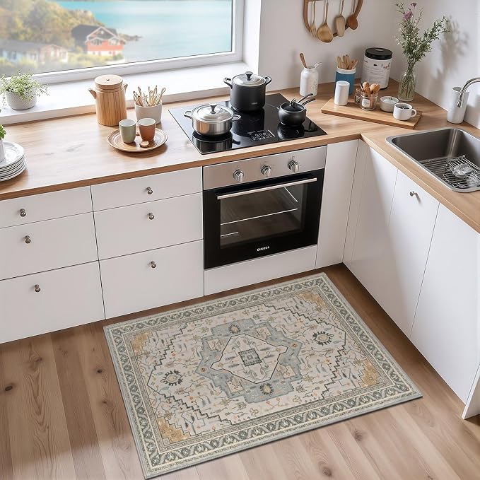 Macgace 2x3 Grey Beige Small Area Rug for Entryway, Soft Washable Rugs with Non-Slip Backing for Bedroom Kitchen, Vintage Throw Carpet Laundry Entry Front Door Decor