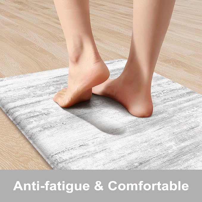 KIMODE Kitchen Mats Cushioned Anti Fatigue, Abstract Grey Farmhouse Kitchen Rugs Sets of 2, Non Slip Kitchen Mats for Floor, Padded Kitchen Floor Mat for Sink Laundry Desk 17"x59"+17"x29"