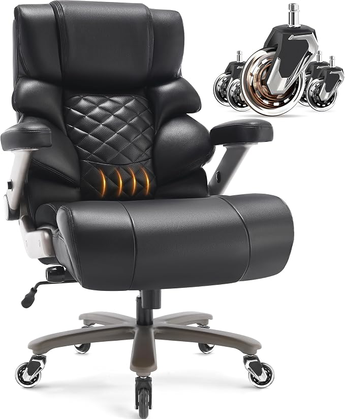 VUZI 700lbs Big and Tall Office Chair, Large Executive Leather Desk Chair | Adjustable Lumbar Support for Back Pain, Plus Size Wheels, 3D Flip Arms, Heavy Duty Metal Base, Wide Seat Computer Chair