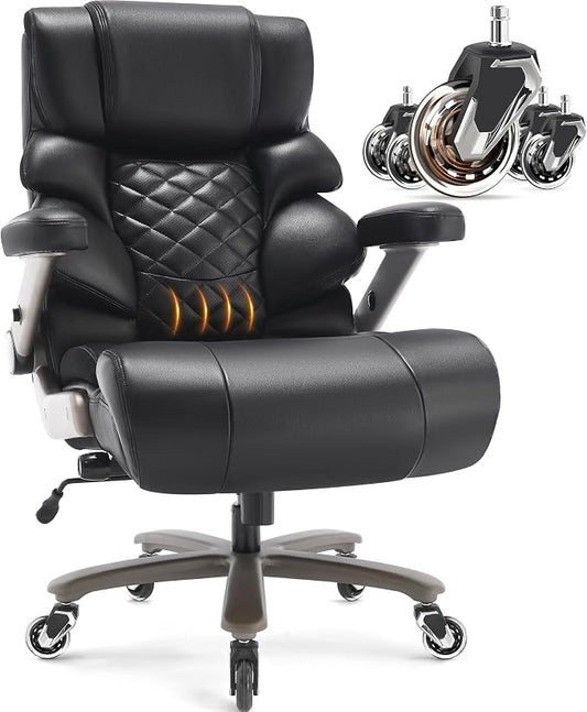 VUZI 700lbs Big and Tall Office Chair, Large Executive Leather Desk Chair | Adjustable Lumbar Support for Back Pain, Plus Size Wheels, 3D Flip Arms, Heavy Duty Metal Base, Wide Seat Computer Chair