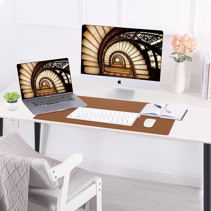 AFIING Leather Desk Mat, Brown, 31.5" x 17", Cork Desk Pad Protector | Dual-Sided Cork & PU Leather Desk Pad, Waterproof, Non-Slip for Mouse, Writing, Office, Home & Study