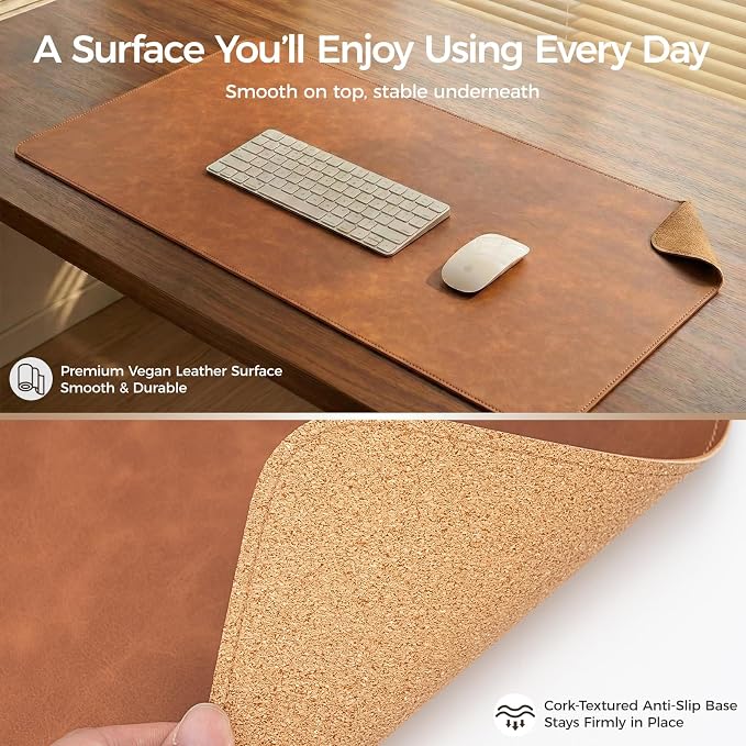 Premium Faux Leather Desk Mat & Tray Set，Innovative Cork-Look Printed Base，Gift Tube Packaging，Full-Desk Coverage，Non-Slip Desk Pad for Office Home（Cognac Brown）