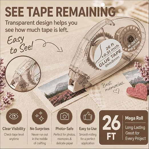 MARCADORUS Double Sided Tape Roller for Crafts, 26 Ft x 0.31 in Glue Tape for Scrapbooking, Pack of 8 Glue Tape Roller Junk Journal Supplies & Scrapbook Supplies.
