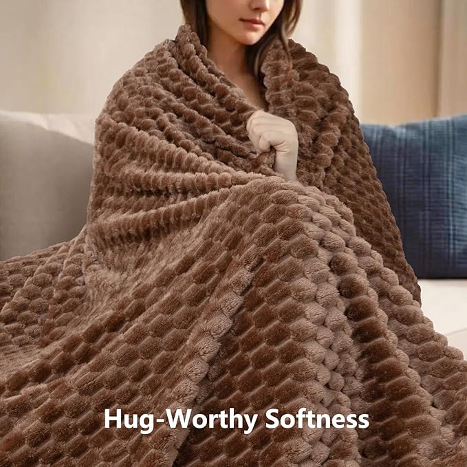 Vessia Flannel Fleece Throw Blanket(50x70 inch), 3D Jacquard Mocha Fuzzy and Warm Blanket for Couch,Sofa,Bed, 300GSM Super Soft Touch Cozy Lightweight Throw for All-Season Home Decor