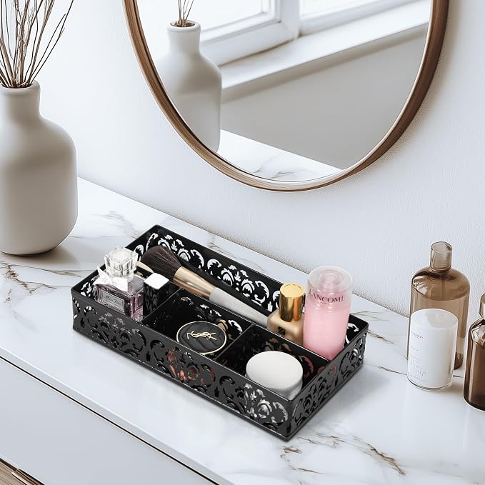 EasyPAG Desk Drawer Organizer with 4 Compartments, Carved Hollow Floral Metal Tray for Office, Jewelry, Cosmetics - No Assembly, Black