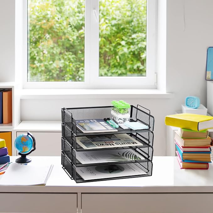 4 Pack Stackable Desk Paper Tray, Metal Mesh Desktop Document Letter File Organizer for Office Home School, 13.5'' L x 9.75'' W x 11'' H, Black