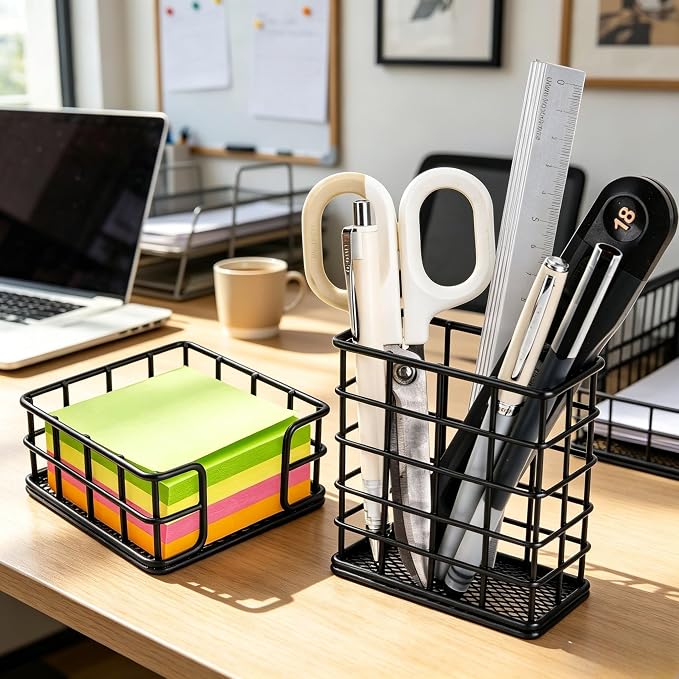 Metal Desk Organizer Set of 2, Black Wire Pencil Holder and Sticky Note Holder, Modern Minimalist Heavy-Duty Desk Accessories for Office, Home & School