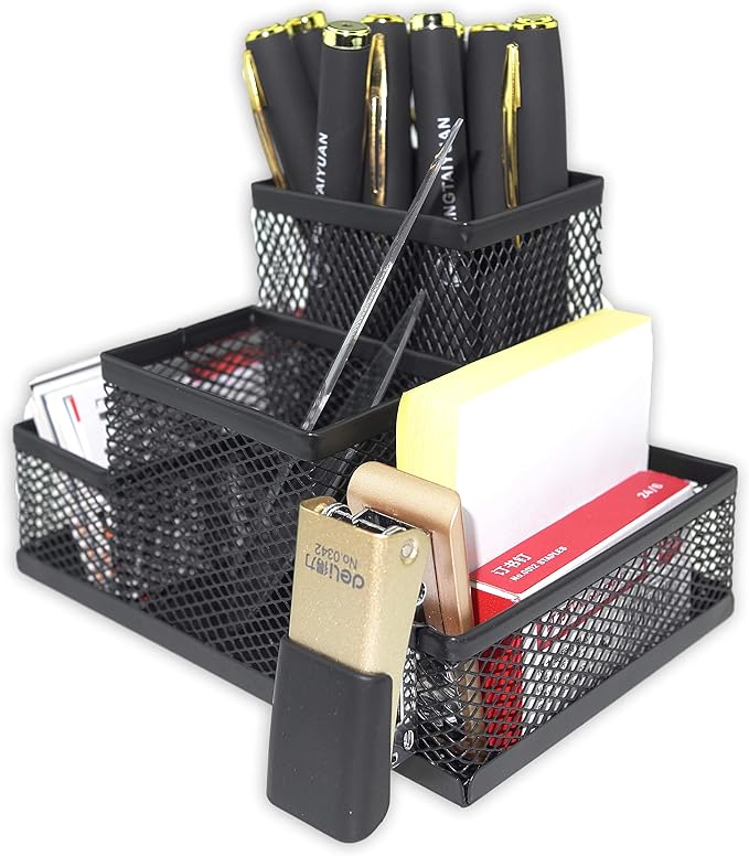 Fengtaiyuan T01, Black Metal Wire Mesh Pencil Holder, Desktop Organizer