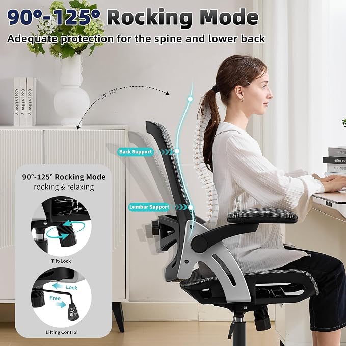 Fizzin Ergonomic Office Chair Mesh Computer Desk Chairs with 3D Armrests | Office Chair with Adjustable Lumbar Support, 90°-125° Tilt, Wide Mesh Seat Swivel Task Chair for Home Office