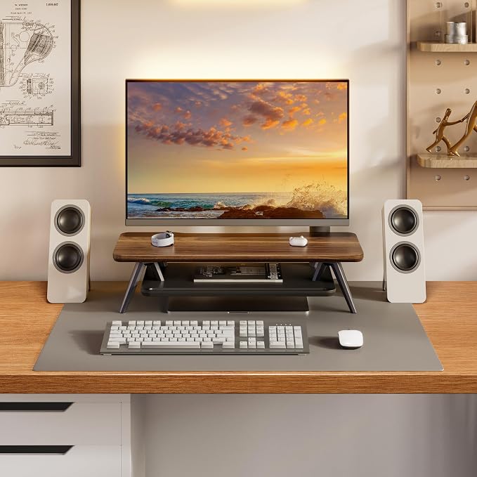 Fenge Monitor Stand Riser, Wooden Desk Shelf with 2-Tier Storage | 23.6-Inch Wide, Sturdy Aluminum Legs, Built-In Phone & Tablet Slot, Desktop Organizer for Office Accessories
